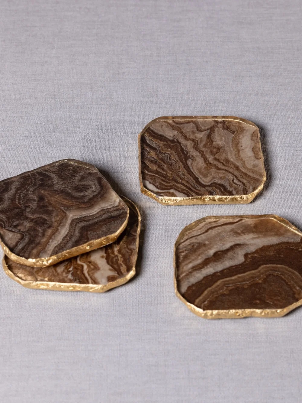 Zodax Simulated Agate Marble Glass Coaster with Gold Rim - Set of 4 (Brown) NWT